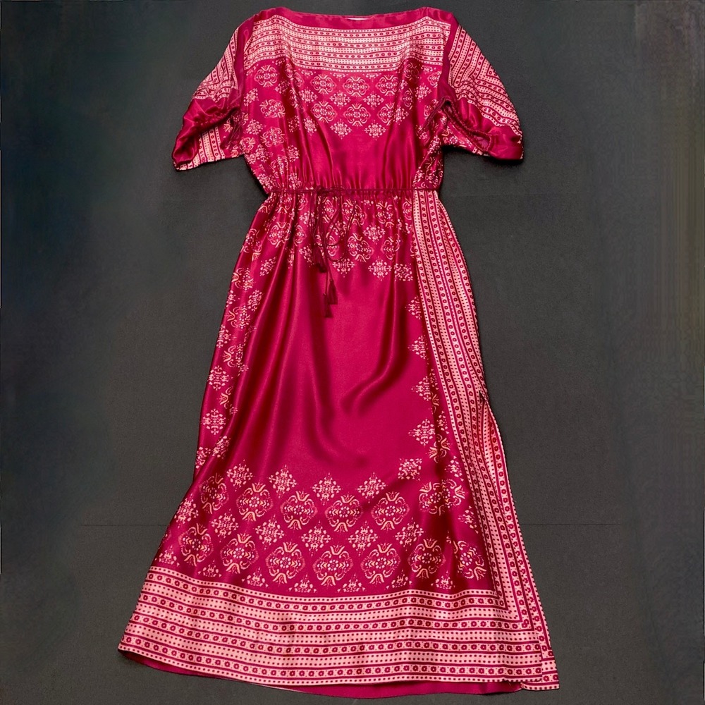 Vtg Victor Costa Maxi Hanky Dress 1970s Dark Pink Boho Dolman Sleeves Womens 1 - Picture 9 of 9